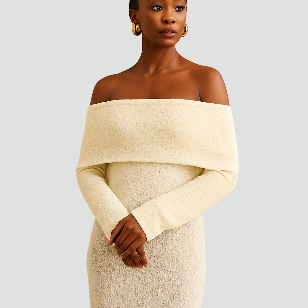 Robe longue en tricot avec épaules dénudées et manches longues