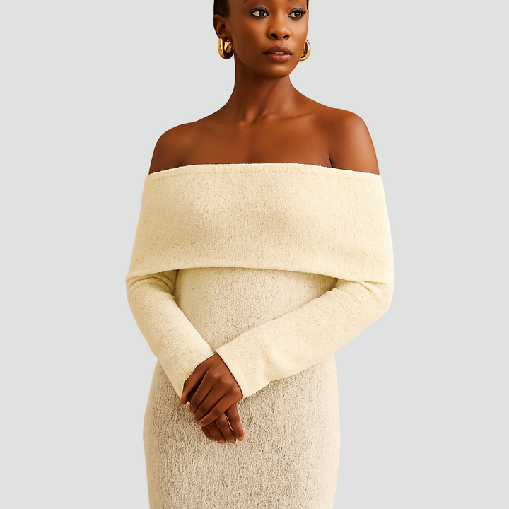 Robe longue en tricot avec épaules dénudées et manches longues