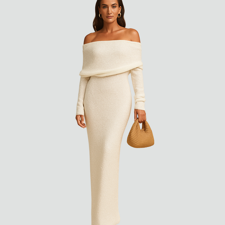 Robe longue en tricot avec épaules dénudées et manches longues