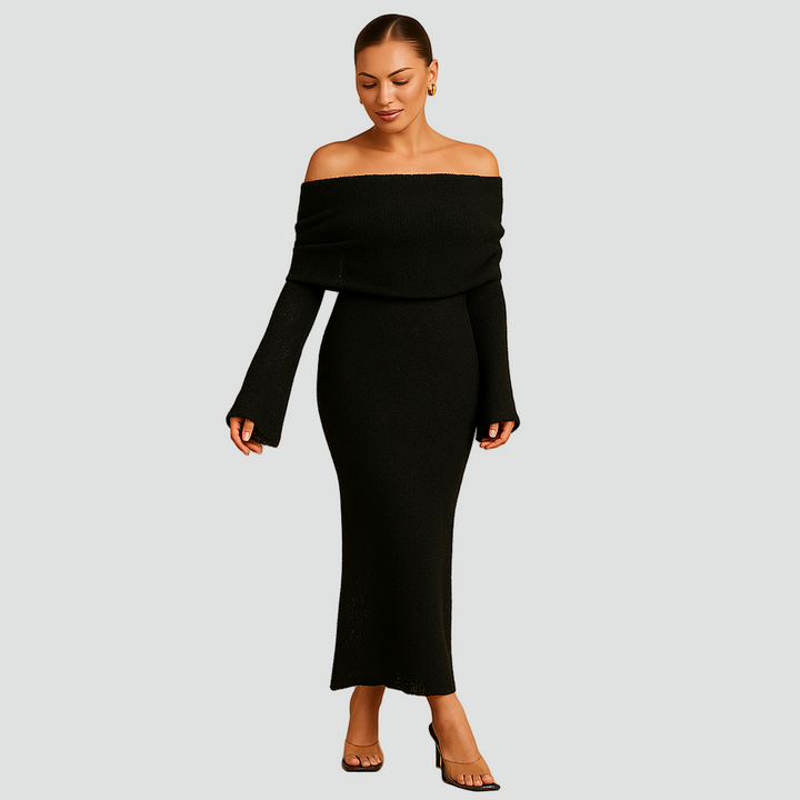 Robe longue en tricot avec épaules dénudées et manches longues