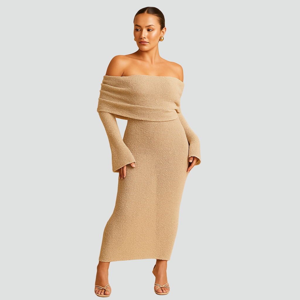 Robe longue en tricot avec épaules dénudées et manches longues