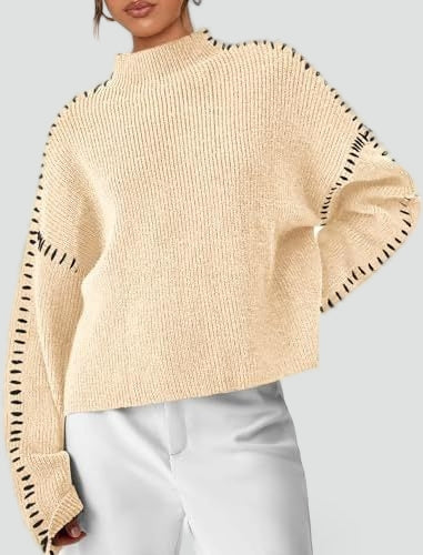 Pull oversize pour femme avec maille contrastante et col semi-montant