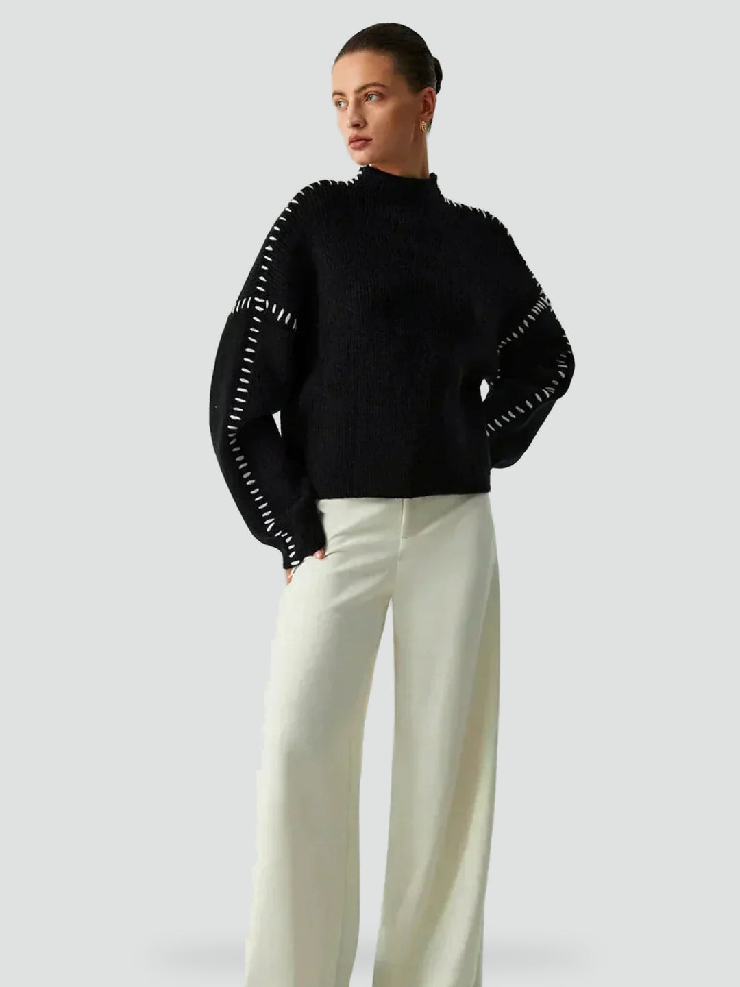 Pull oversize pour femme avec maille contrastante et col semi-montant