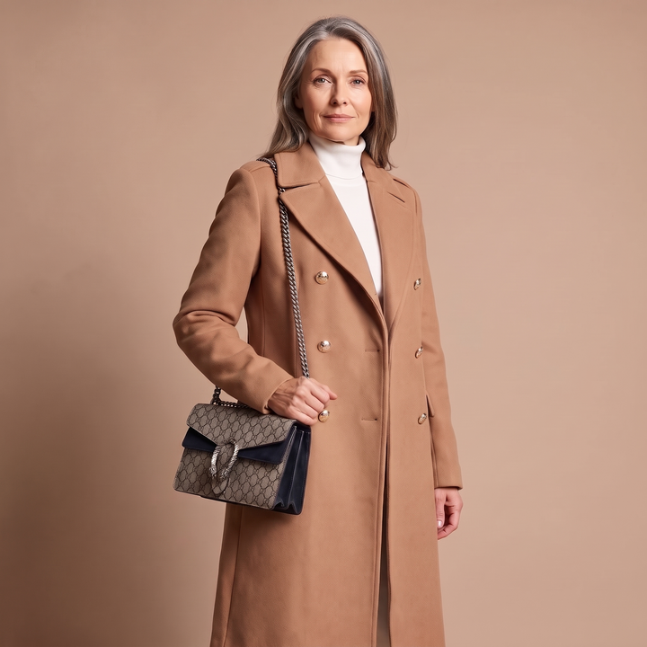 Elegante damesmantel van wol, double-breasted en midi, voor op kantoor