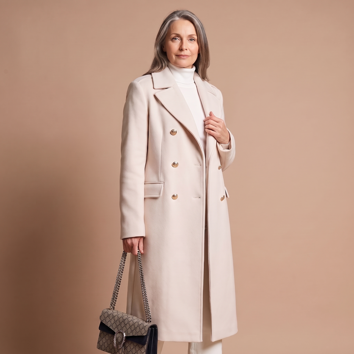 Elegante damesmantel van wol, double-breasted en midi, voor op kantoor