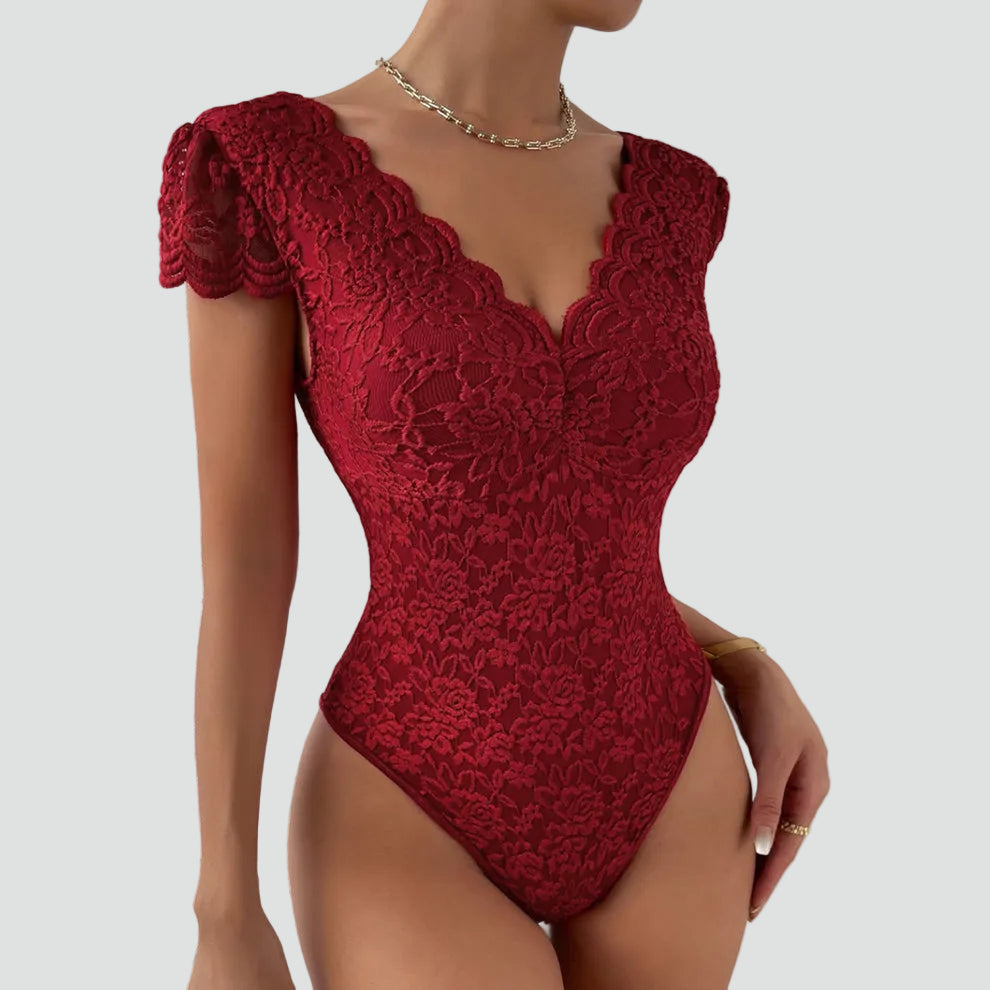 Dames body van kant met V-hals en korte mouwen