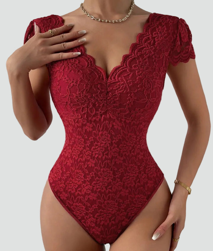 Dames body van kant met V-hals en korte mouwen