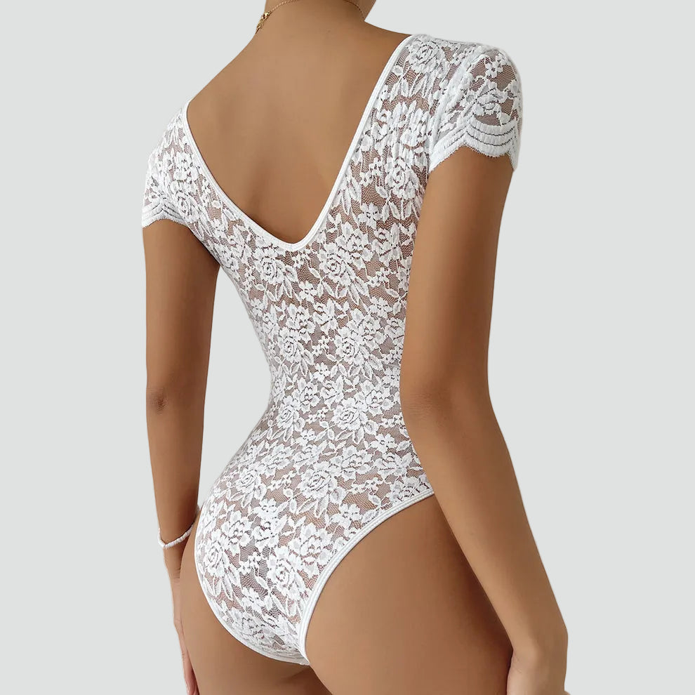 Dames body van kant met V-hals en korte mouwen
