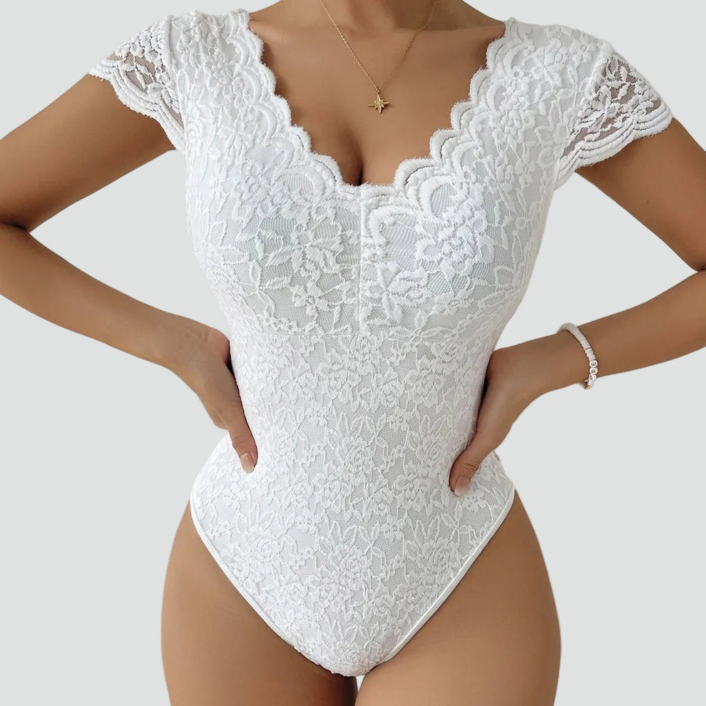 Dames body van kant met V-hals en korte mouwen