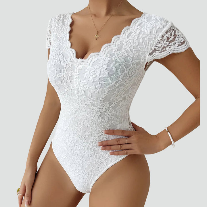 Dames body van kant met V-hals en korte mouwen