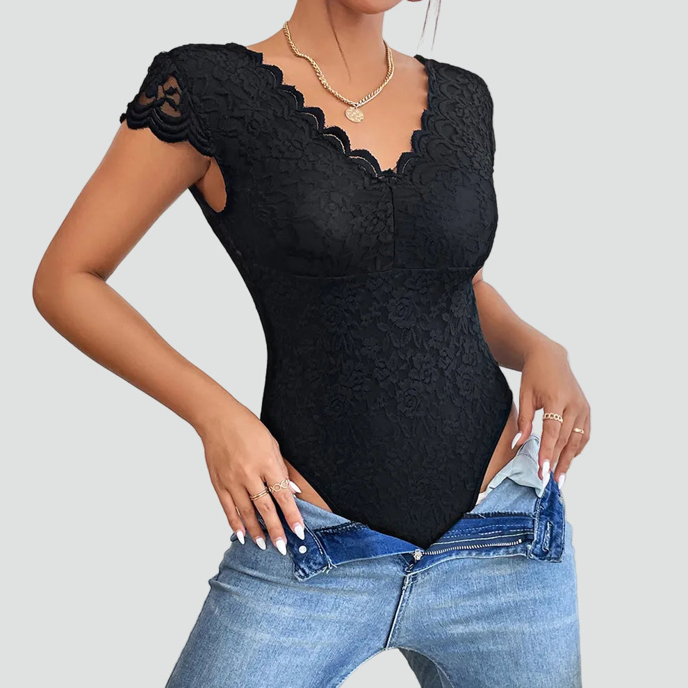 Dames body van kant met V-hals en korte mouwen