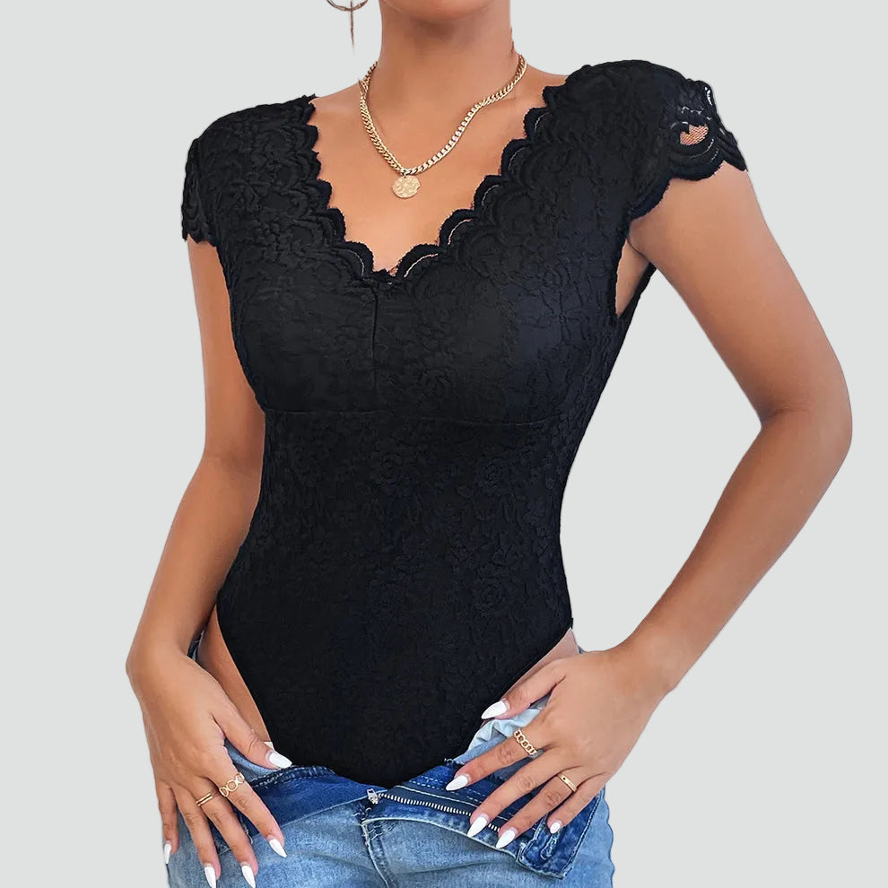 Dames body van kant met V-hals en korte mouwen