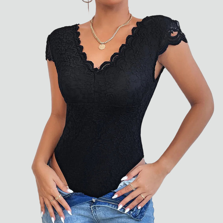 Dames body van kant met V-hals en korte mouwen