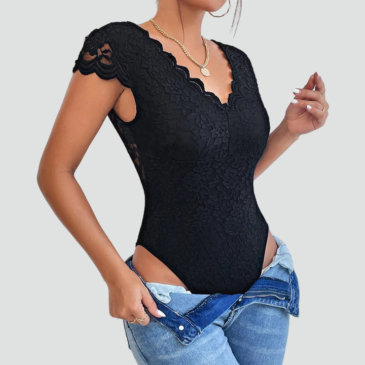 Dames body van kant met V-hals en korte mouwen