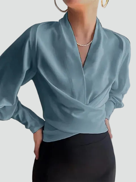Elegant satin wrap blouse with V-neck and puff sleeves