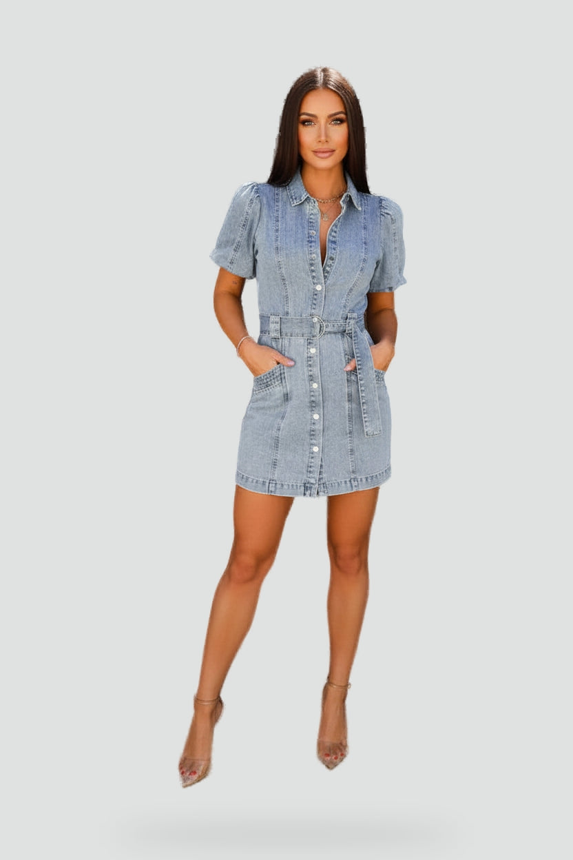 Damesminijurk van denim met riem en zakken