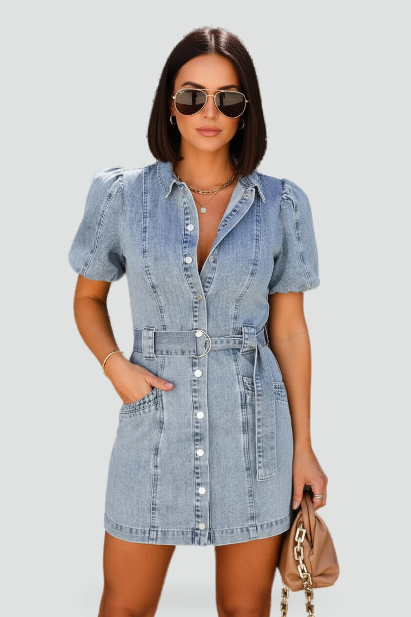 Damesminijurk van denim met riem en zakken