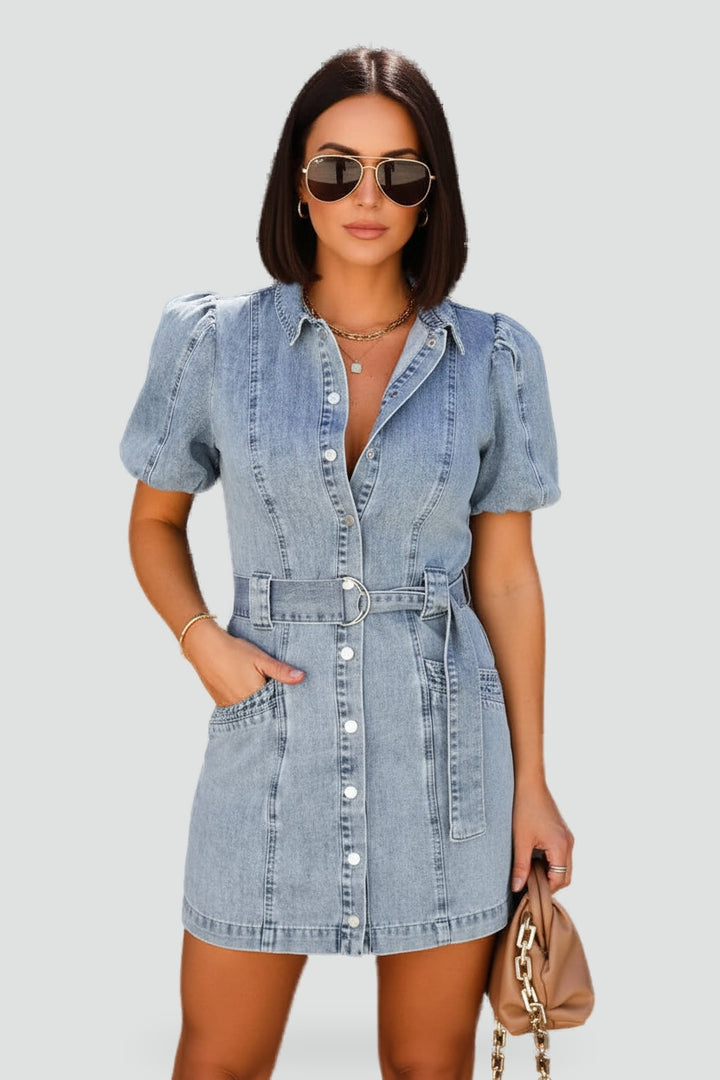 Damesminijurk van denim met riem en zakken