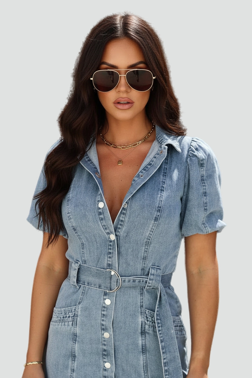 Damesminijurk van denim met riem en zakken