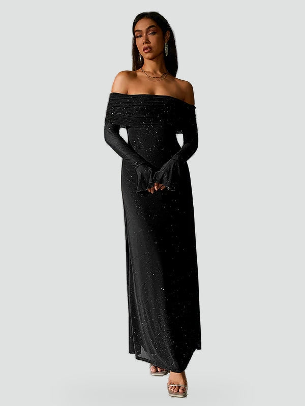 Robe femme Aliny avec épaules dénudées et manches longues