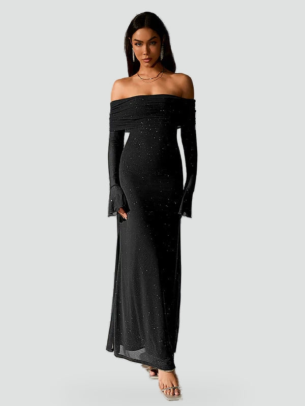 Robe femme Aliny avec épaules dénudées et manches longues