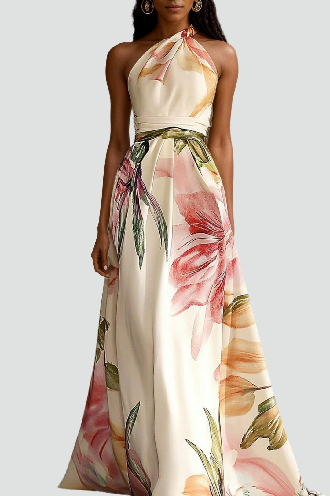 Robe maxi en satin avec motif floral