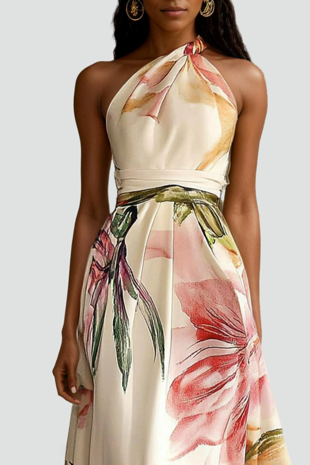 Robe maxi en satin avec motif floral