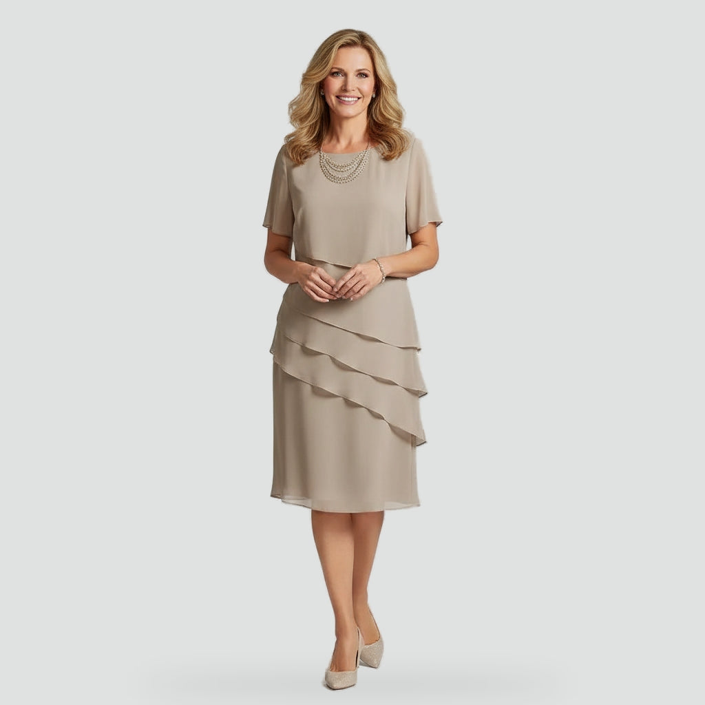 Robe midi en chiffon superposé avec manches courtes pour mariage