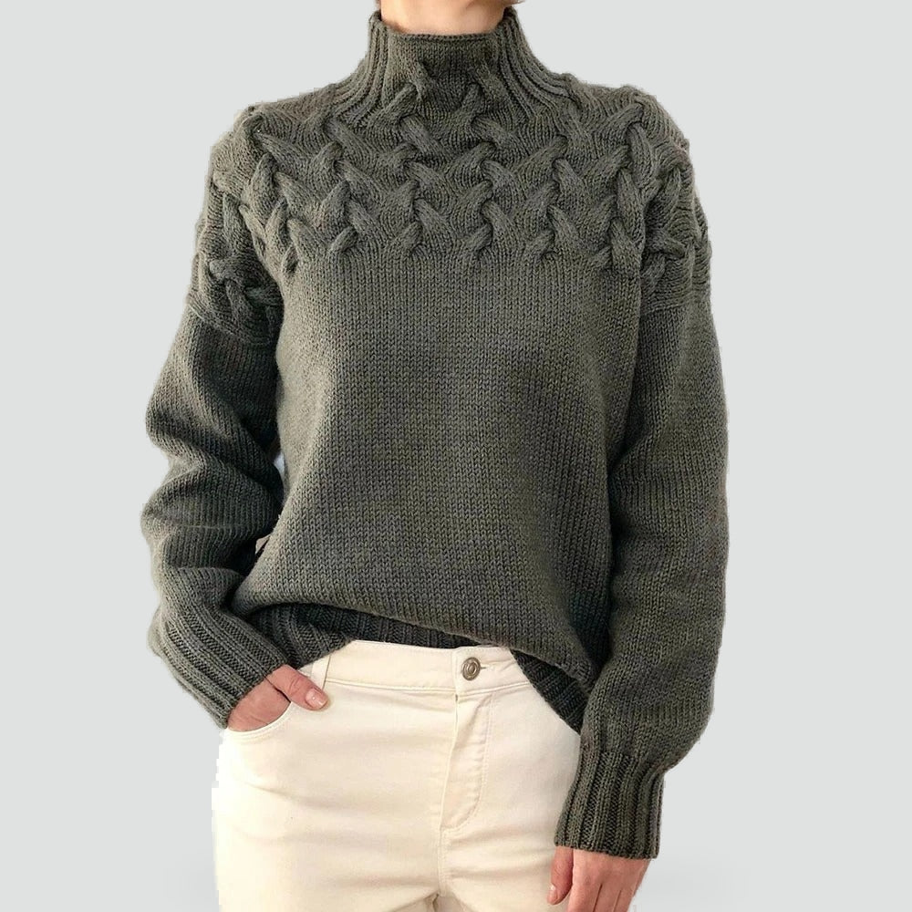 Pull chaud pour femme à torsades et col roulé pour l’hiver