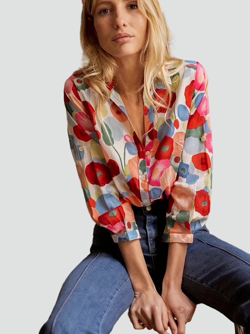 Blouse élégante pour femme à imprimé floral avec fermeture à boutons