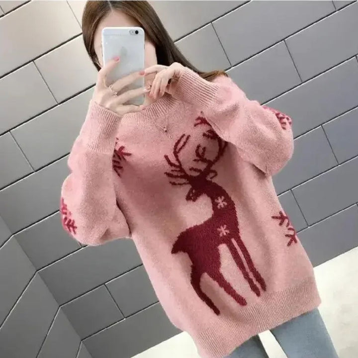 Świąteczny sweter damski oversize z reniferem i płatkami śniegu