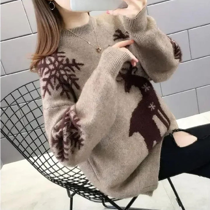 Świąteczny sweter damski oversize z reniferem i płatkami śniegu