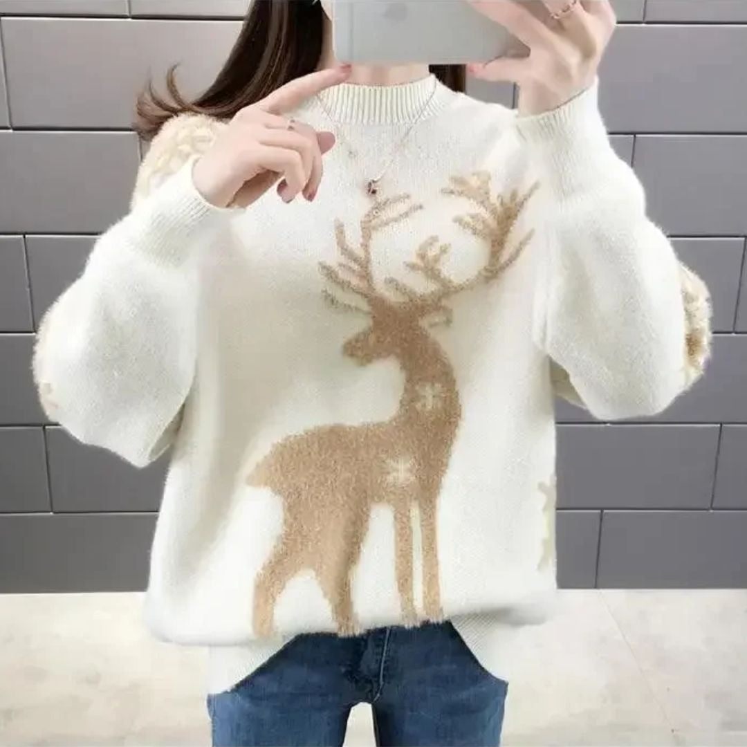 Świąteczny sweter damski oversize z reniferem i płatkami śniegu