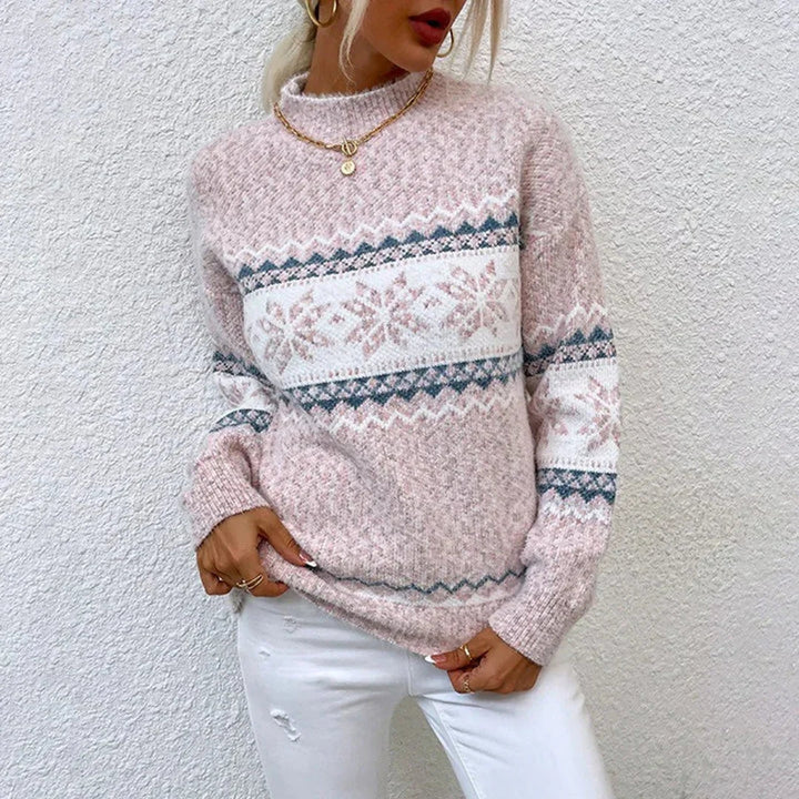 Świąteczny sweter damski w śnieżynki z półgolfem