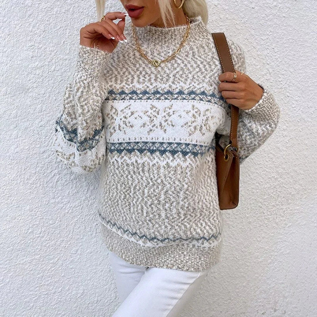 Świąteczny sweter damski w śnieżynki z półgolfem