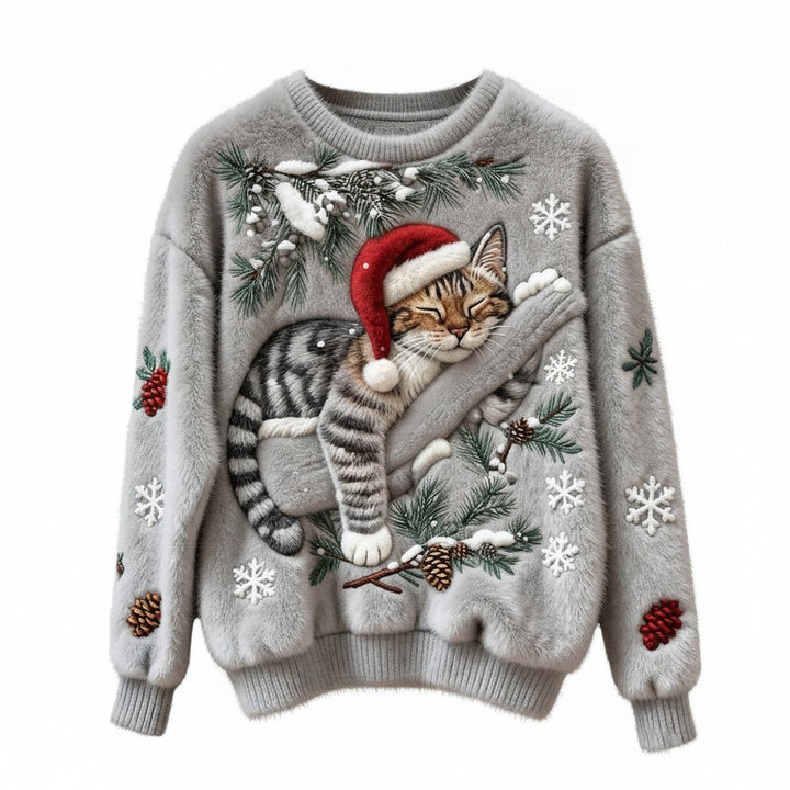 Świąteczny sweter damski z kotem w czapce Mikołaja