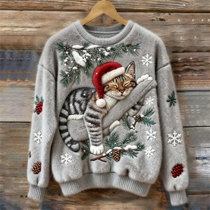 Świąteczny sweter damski z kotem w czapce Mikołaja