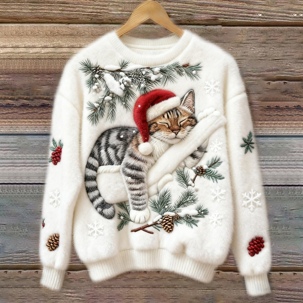 Świąteczny sweter damski z kotem w czapce Mikołaja
