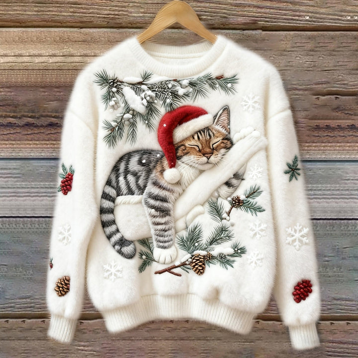 Świąteczny sweter damski z kotem w czapce Mikołaja