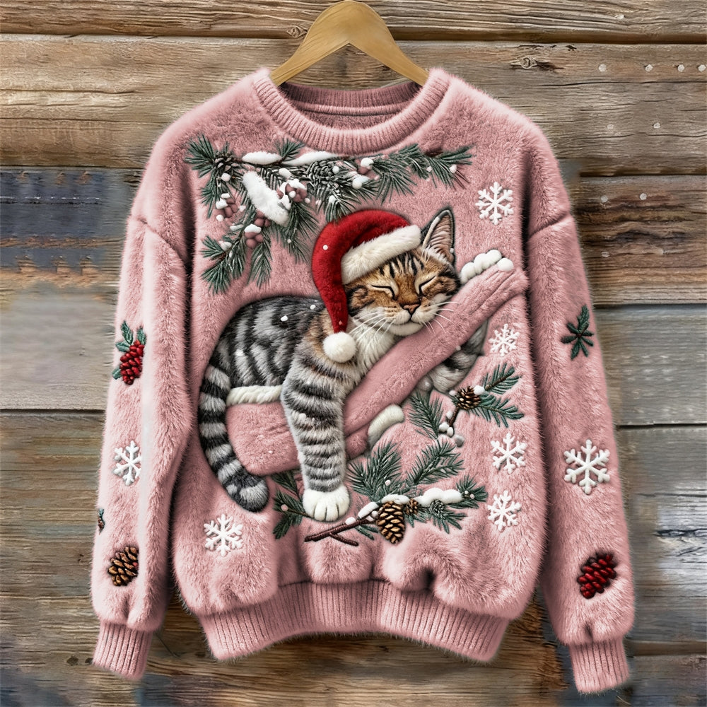 Świąteczny sweter damski z kotem w czapce Mikołaja