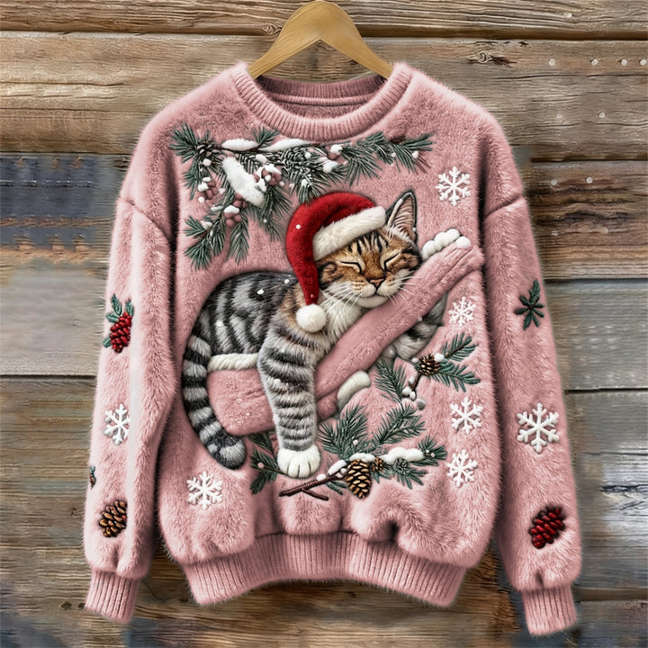 Świąteczny sweter damski z kotem w czapce Mikołaja