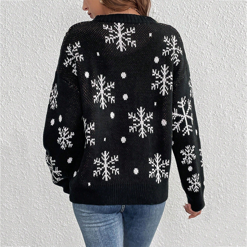 Świąteczny sweter damski z reniferem i śnieżynkami