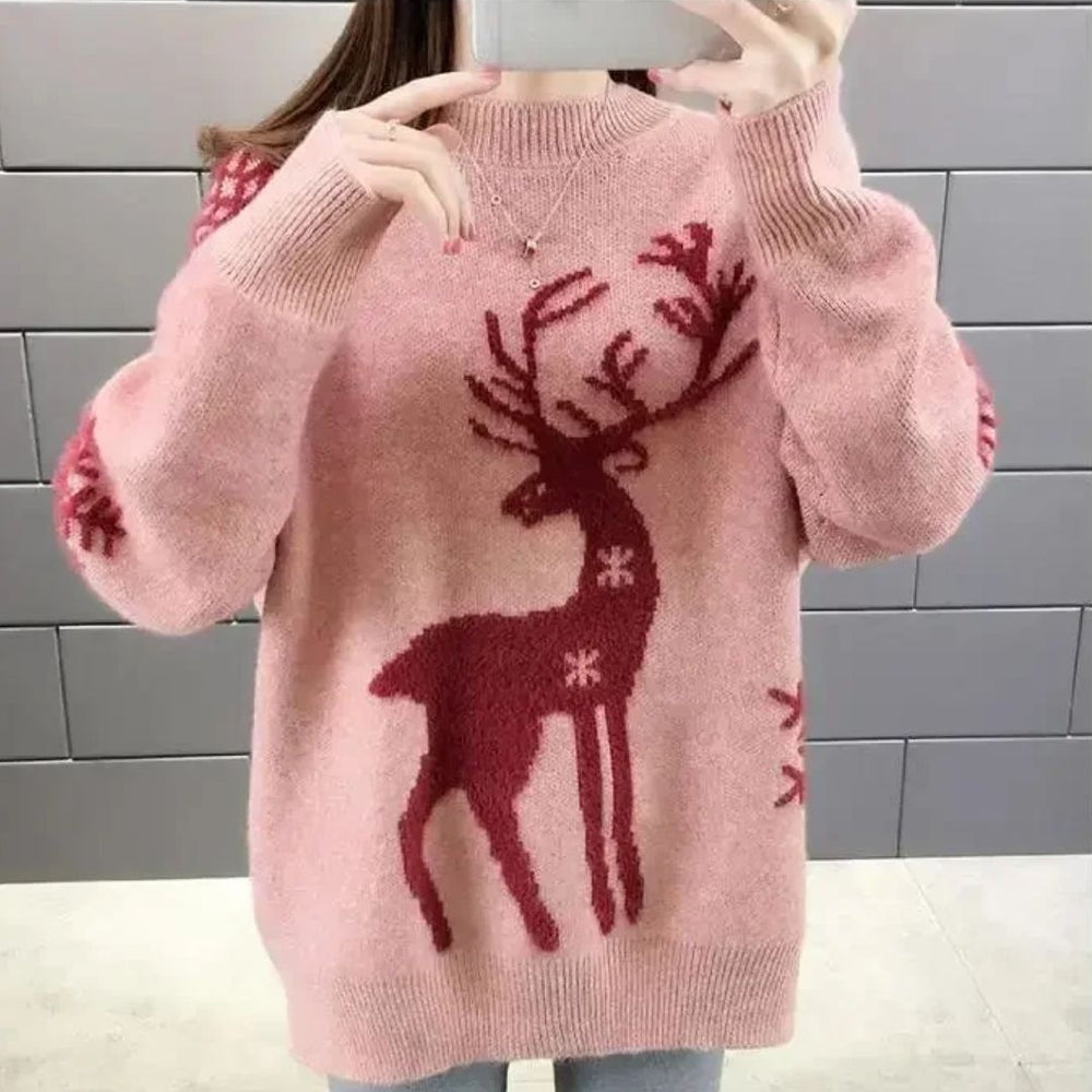 Świąteczny sweter damski z reniferem i płatkami śniegu
