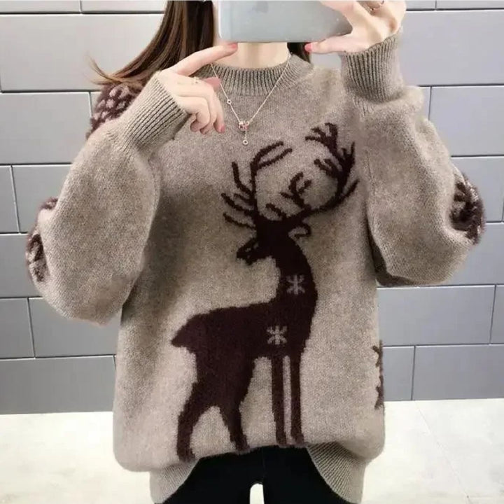Świąteczny sweter damski z reniferem i płatkami śniegu