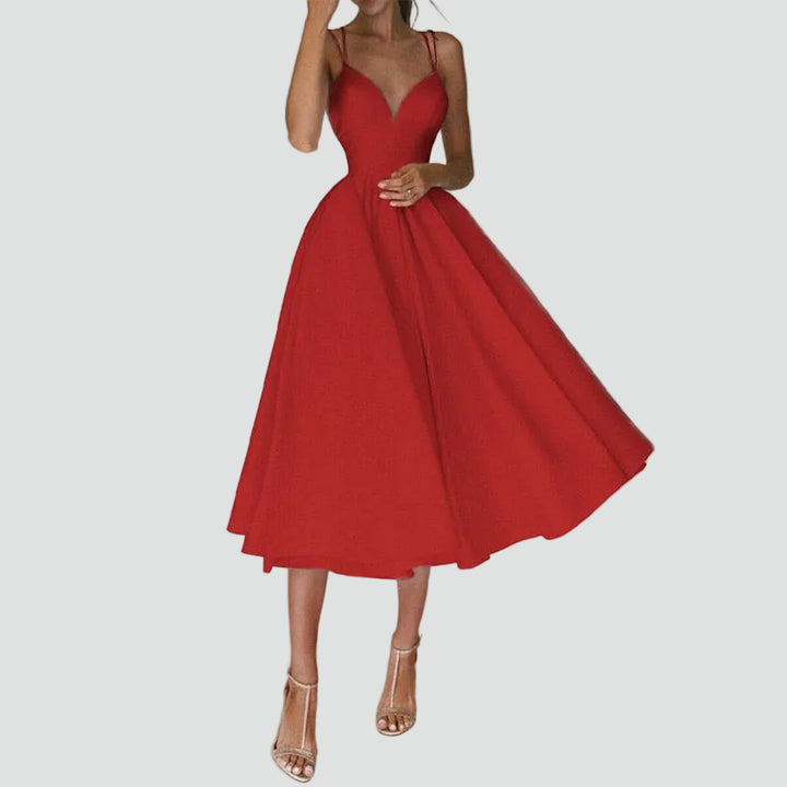Robe midi évasée cocktail pour mariage avec décolleté en cœur