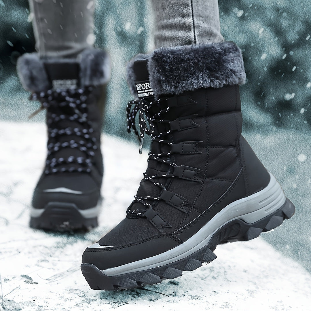 zwarte winterboots met grijze bontrand en grove zool