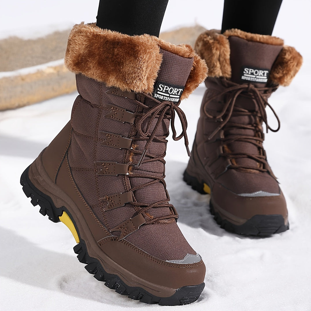 bruine winterboots met warme bontrand en gele gripzool